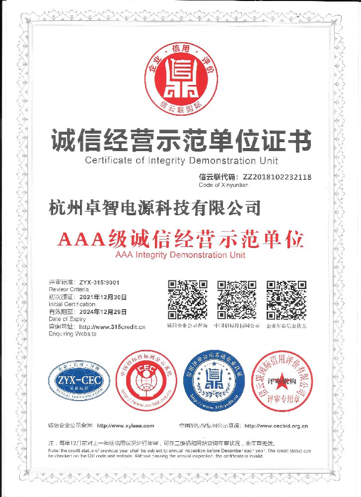 誠信經(jīng)營示范單位證書