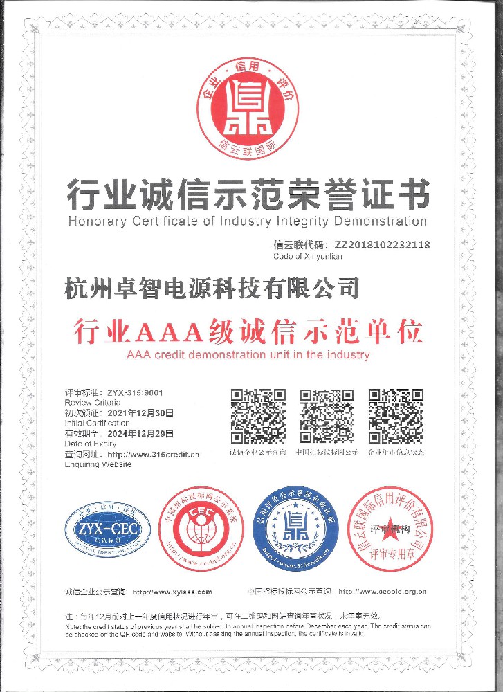行業(yè)誠信示范榮譽證書